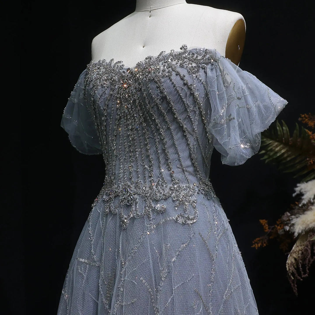 Elegant Off Shoulder Gray Blue Sequin Embroidered Prom Dress SS725-DreamyVow