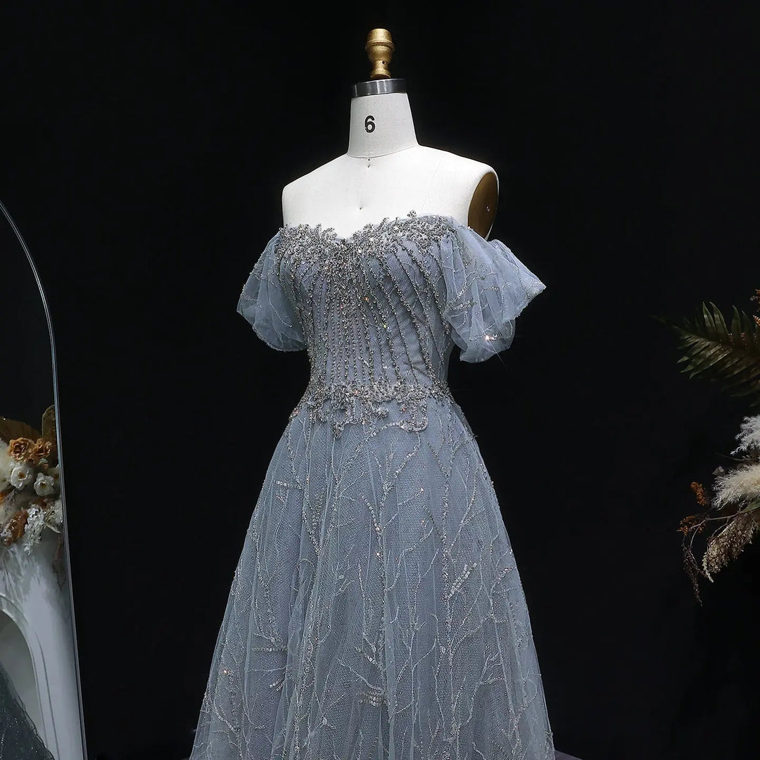 Elegant Off Shoulder Gray Blue Sequin Embroidered Prom Dress SS725-DreamyVow