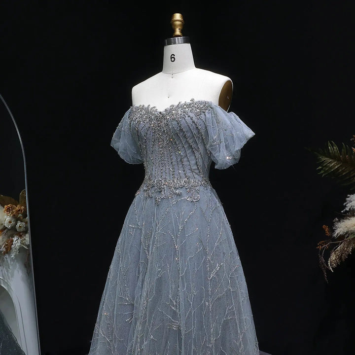 Elegant Off Shoulder Gray Blue Sequin Embroidered Prom Dress SS725-DreamyVow