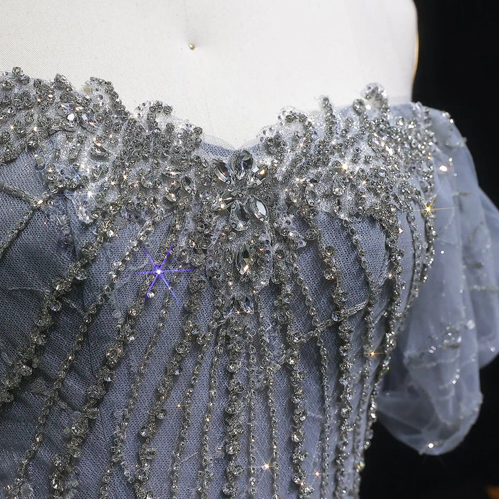 Elegant Off Shoulder Gray Blue Sequin Embroidered Prom Dress SS725-DreamyVow