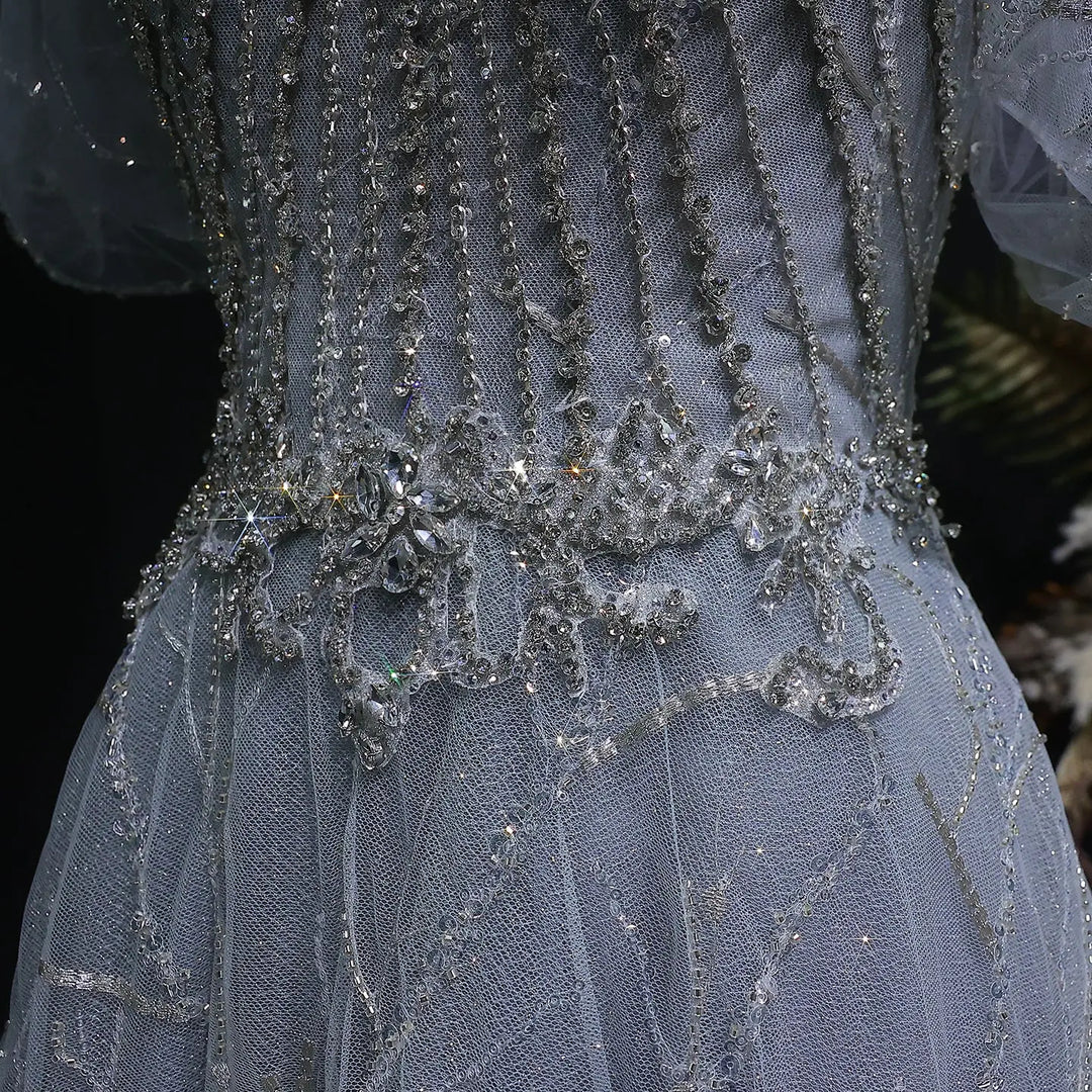 Elegant Off Shoulder Gray Blue Sequin Embroidered Prom Dress SS725-DreamyVow