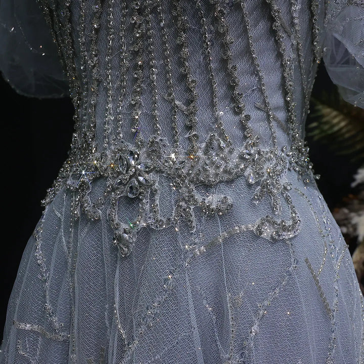 Elegant Off Shoulder Gray Blue Sequin Embroidered Prom Dress SS725-DreamyVow