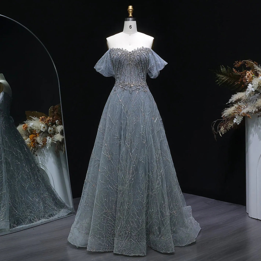 Elegant Off Shoulder Gray Blue Sequin Embroidered Prom Dress SS725 DreamyVow Elegant Off Shoulder Gray Blue Sequin Embroidered Prom Dress SS725 DreamyVow