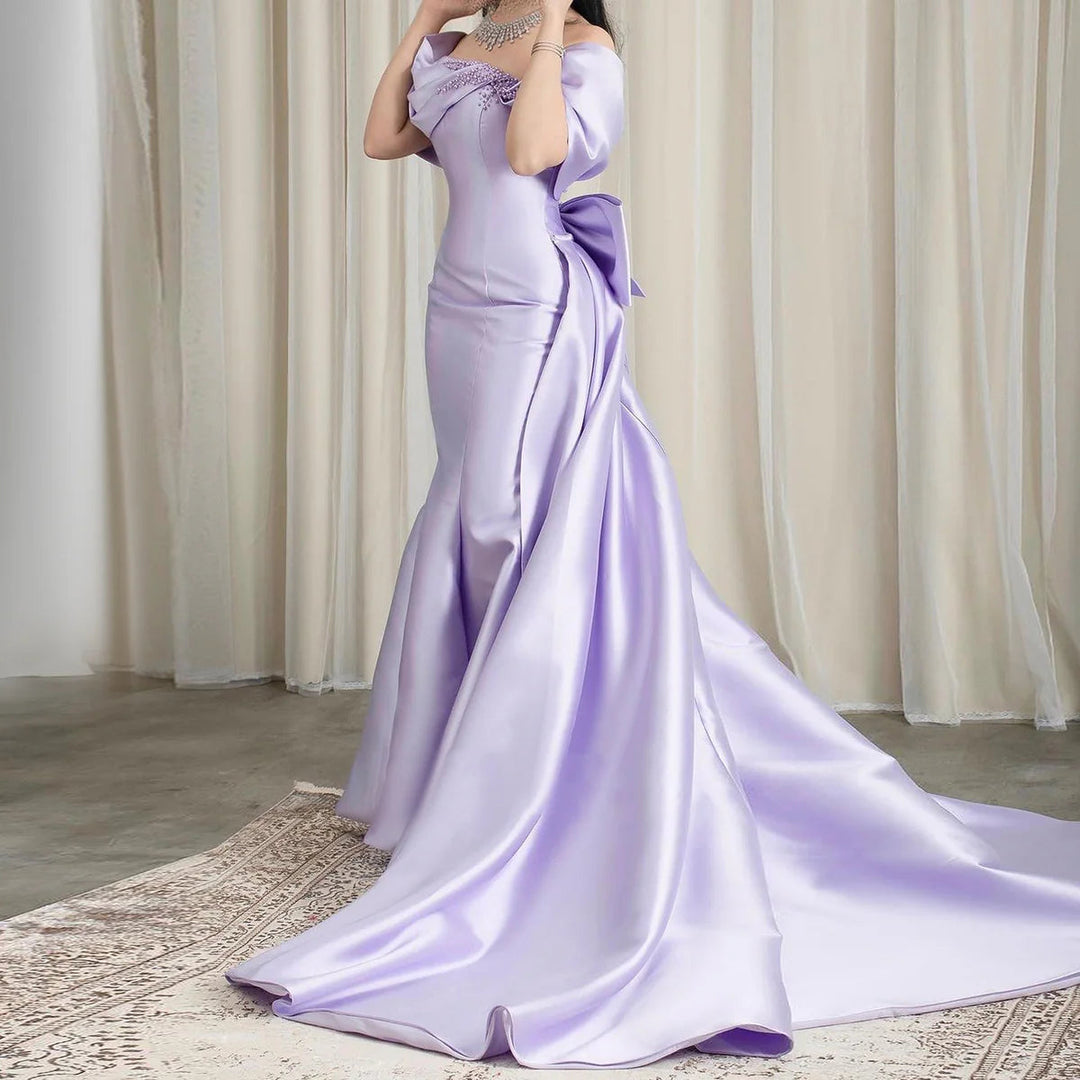 Elegant Off Shoulder Lilac Evening Dress with Overskirt SS400  DreamyVow