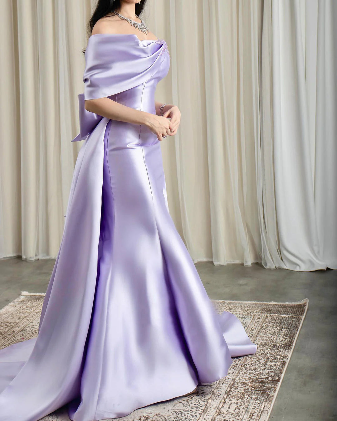 Elegant Off Shoulder Lilac Evening Dress with Overskirt SS400 Elegant Off Shoulder Lilac Evening Dress with Overskirt SS400