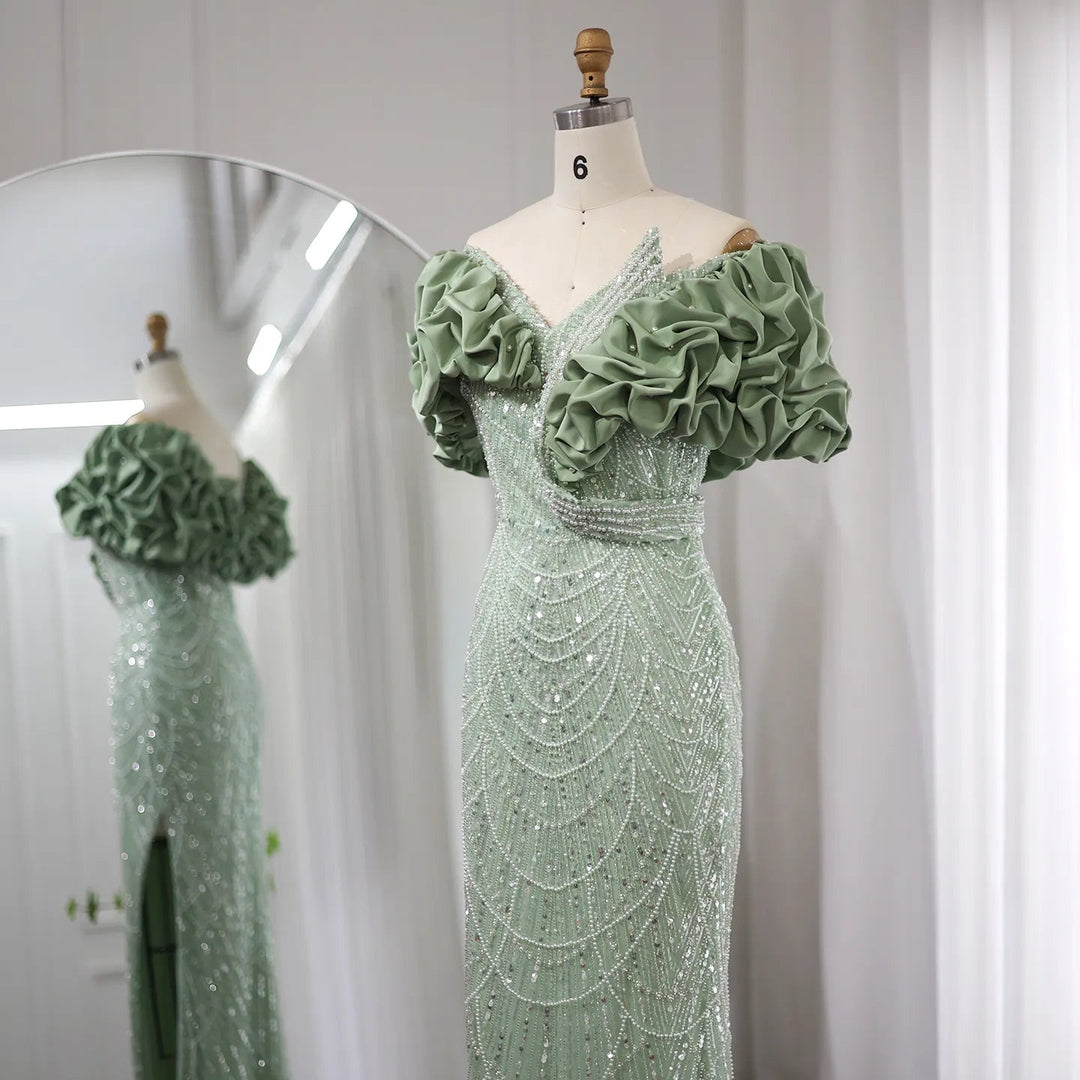 Elegant Off Shoulder Mermaid Sage Green Evening Dresses SS288