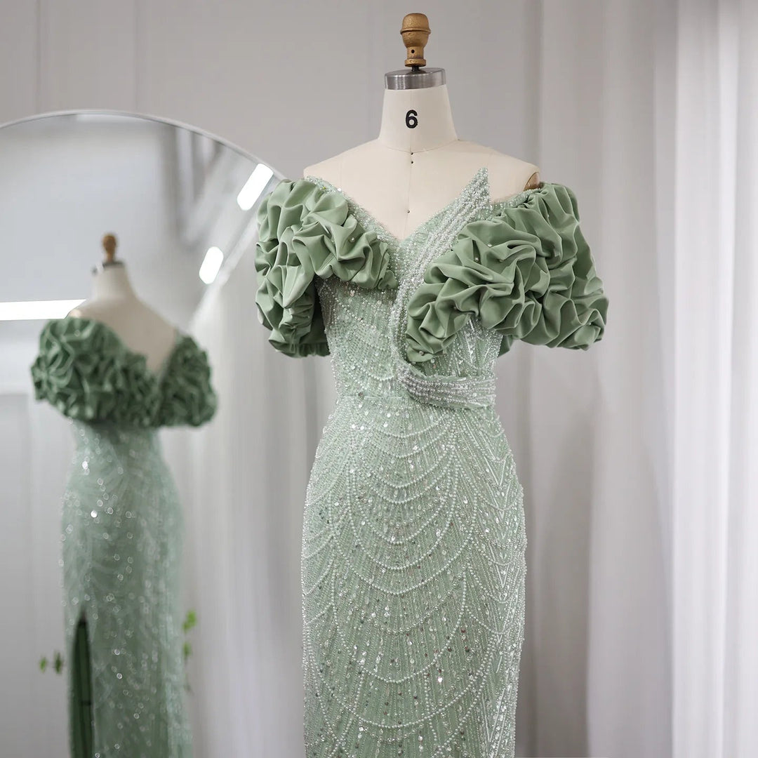 Elegant Off Shoulder Mermaid Sage Green Evening Dresses SS288