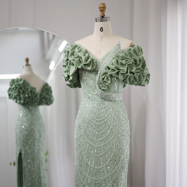 Elegant Off Shoulder Mermaid Sage Green Evening Dresses SS288