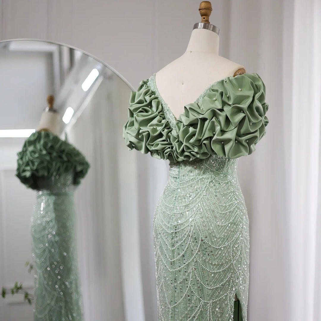 Elegant Off Shoulder Mermaid Sage Green Evening Dresses SS288