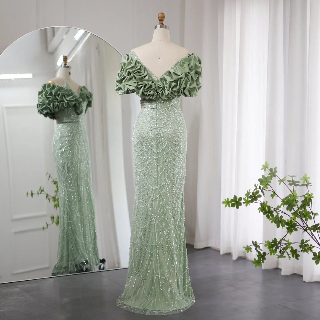 Elegant Off Shoulder Mermaid Sage Green Evening Dresses SS288