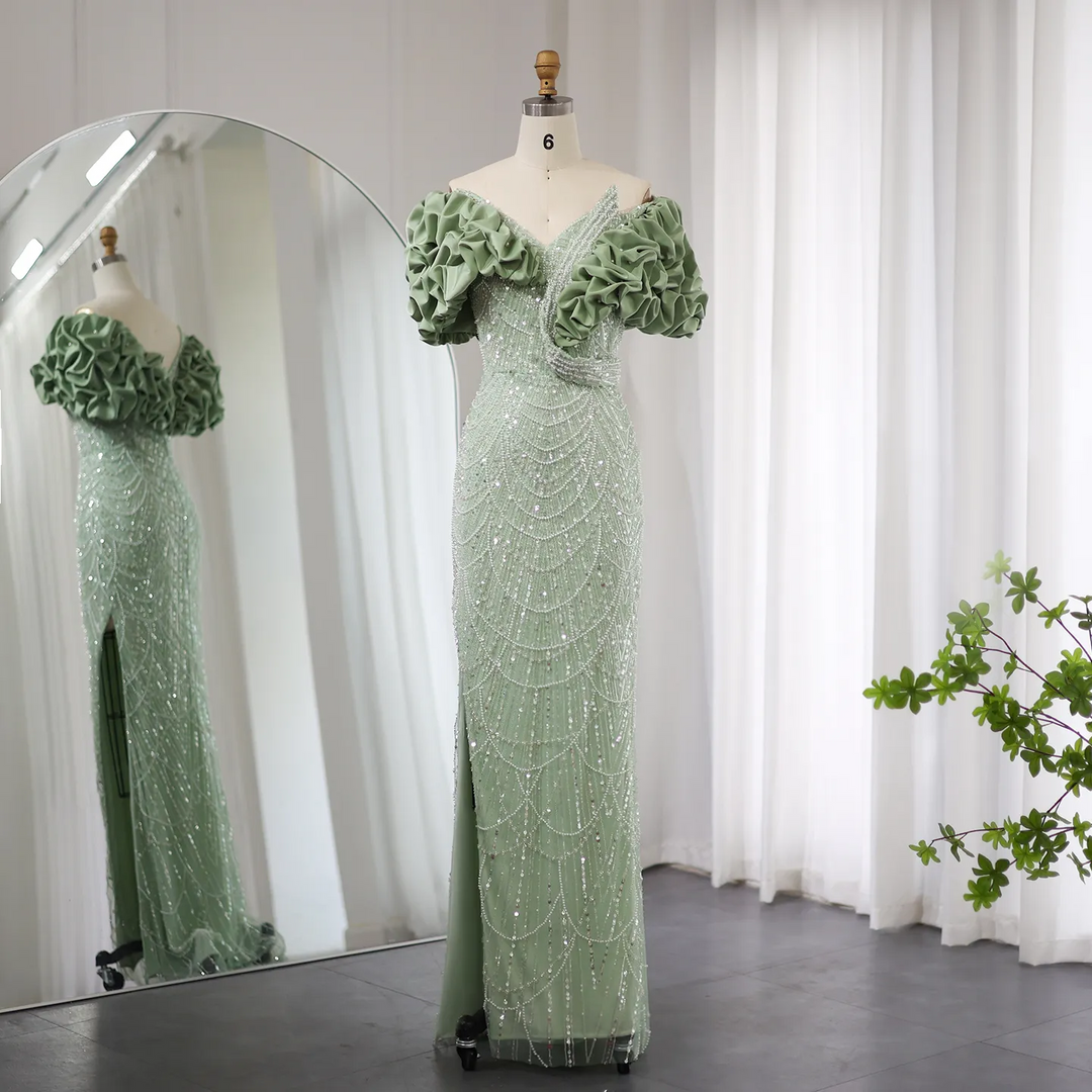 Elegant Off Shoulder Mermaid Sage Green Evening Dresses SS288