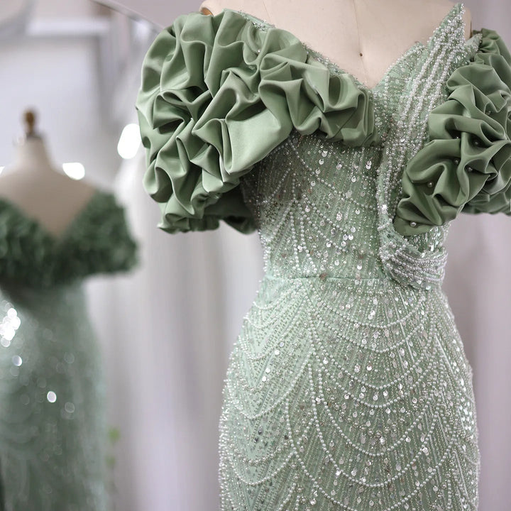 Elegant Off Shoulder Mermaid Sage Green Evening Dresses SS288