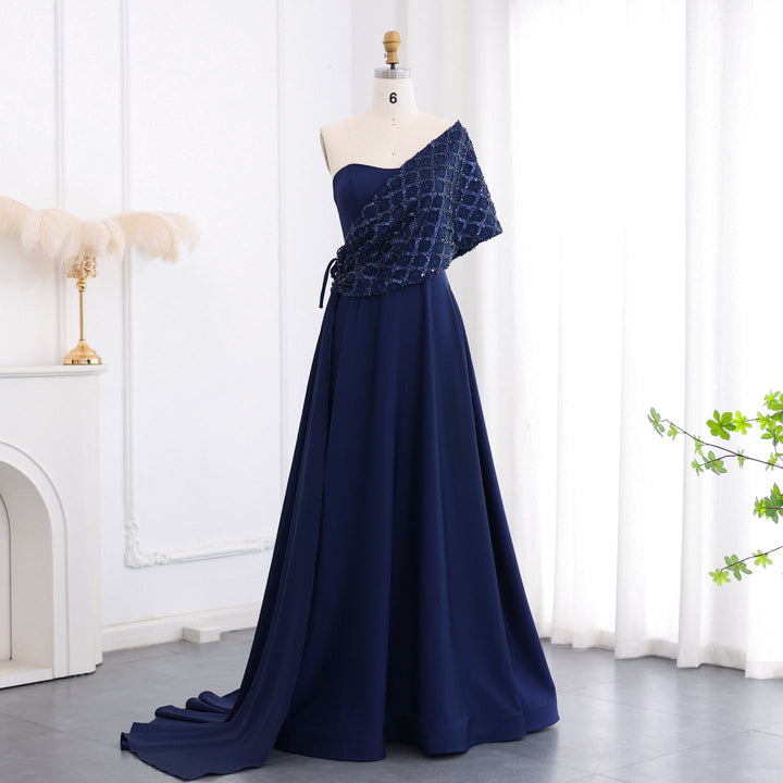 Elegant Off Shoulder Navy Blue Evening Dress with Cape SS206