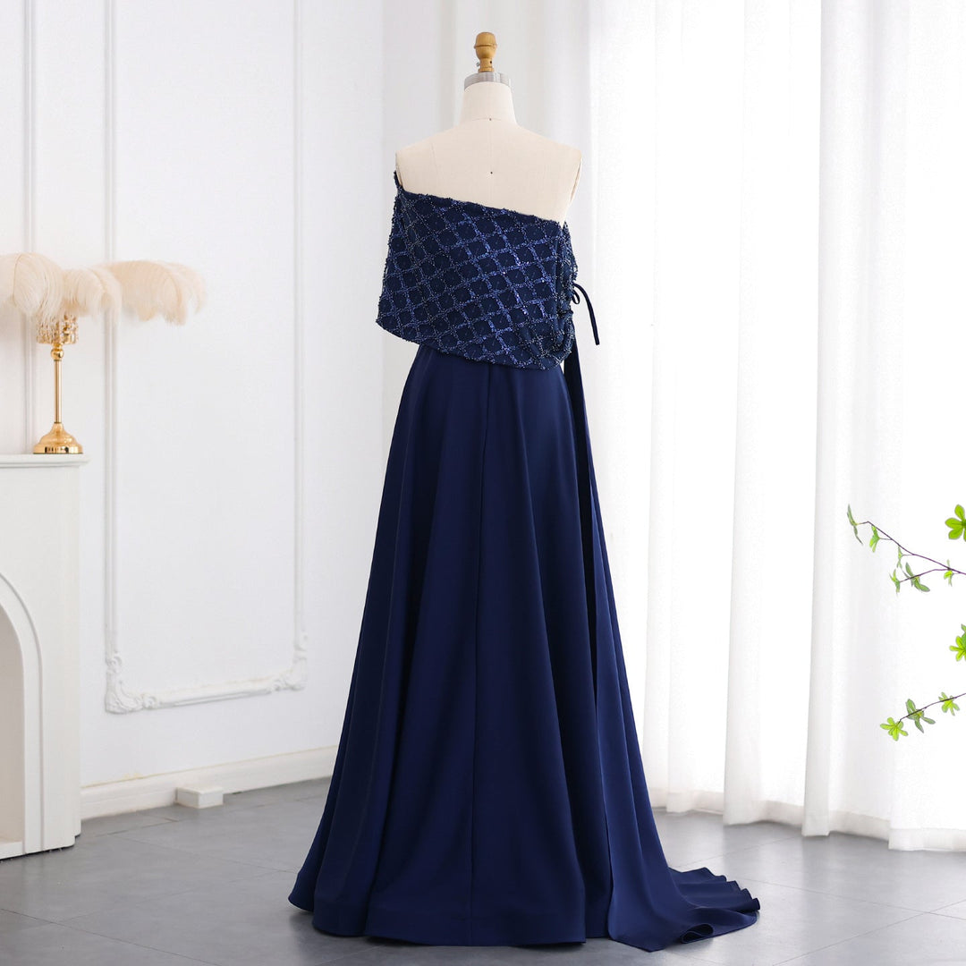Elegant Off Shoulder Navy Blue Evening Dress with Cape SS206