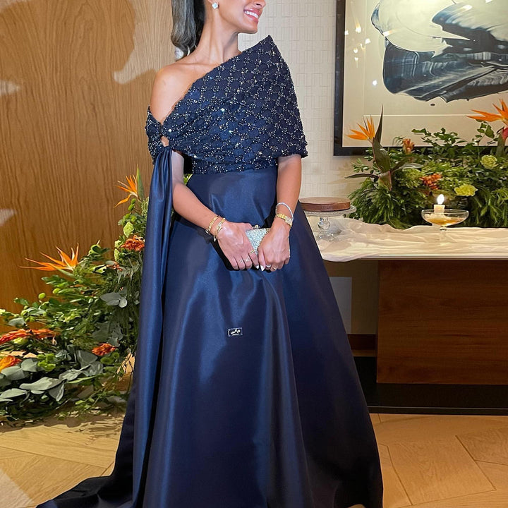 Elegant Off Shoulder Navy Blue Evening Dress with Cape SS206