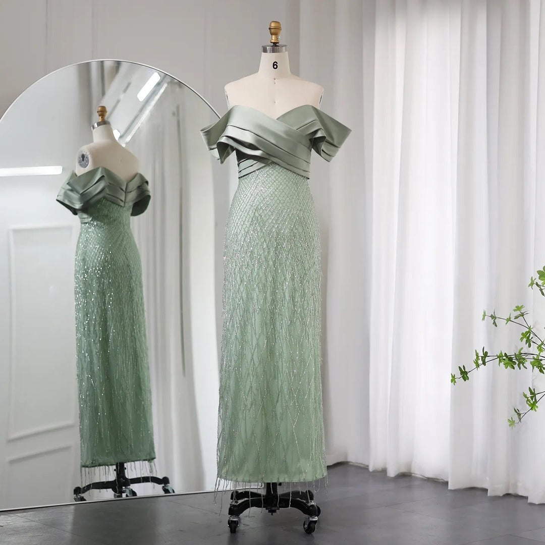 Elegant Off Shoulder Sage Green Dubai Evening Dresses for Women SS667