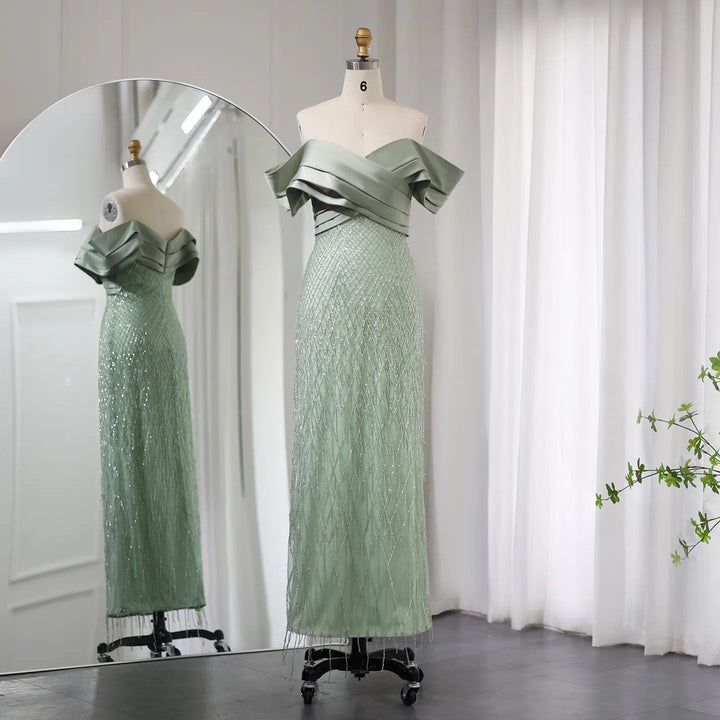 Elegant Off Shoulder Sage Green Dubai Evening Dresses for Women SS667