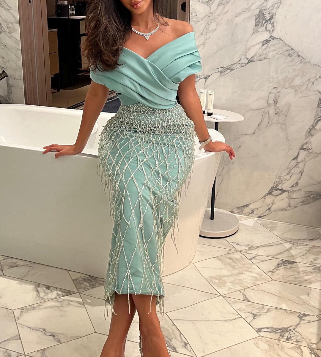 Elegant Off Shoulder Sage Green Dubai Evening Dresses for Women Wedding  Luxury Tassel Arabic Formal Party Gown 447 – DreamyVow
