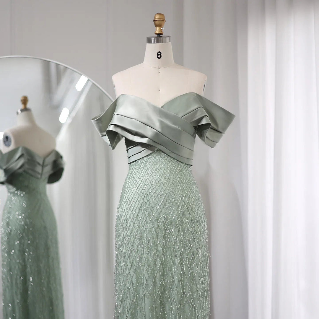 Elegant Off Shoulder Sage Green Dubai Evening Dresses for Women Wedding  Luxury Tassel Arabic Formal Party Gown 447 – DreamyVow