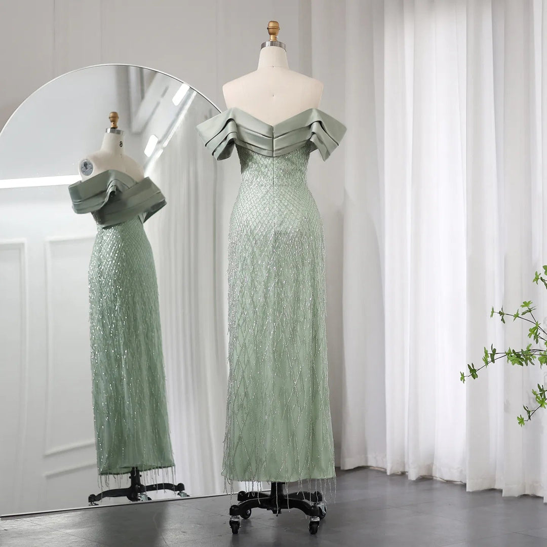 Elegant Off Shoulder Sage Green Dubai Evening Dresses for Women SS667