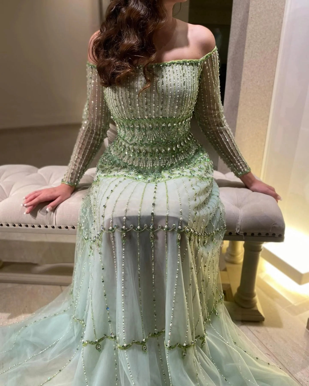 off shoulder sage green dress Zapaka Women Sage Green Chiffon Long Sleeves Bridesmaid Dress Ruched A Line Off The Shoulder Wedding Guest Dress, Sage / US20W