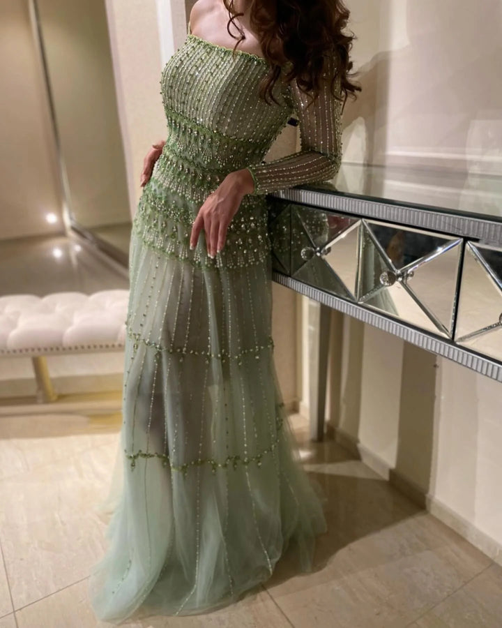 Elegant Off Shoulder Sage Green Evening Dress SS588