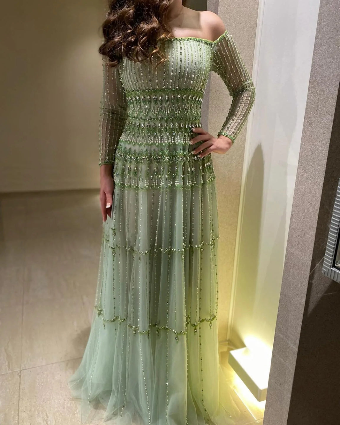 wilhelmina ash green off shoulder dress 100% Cotton Green Long Sleeve Midi Dress - All Dresses