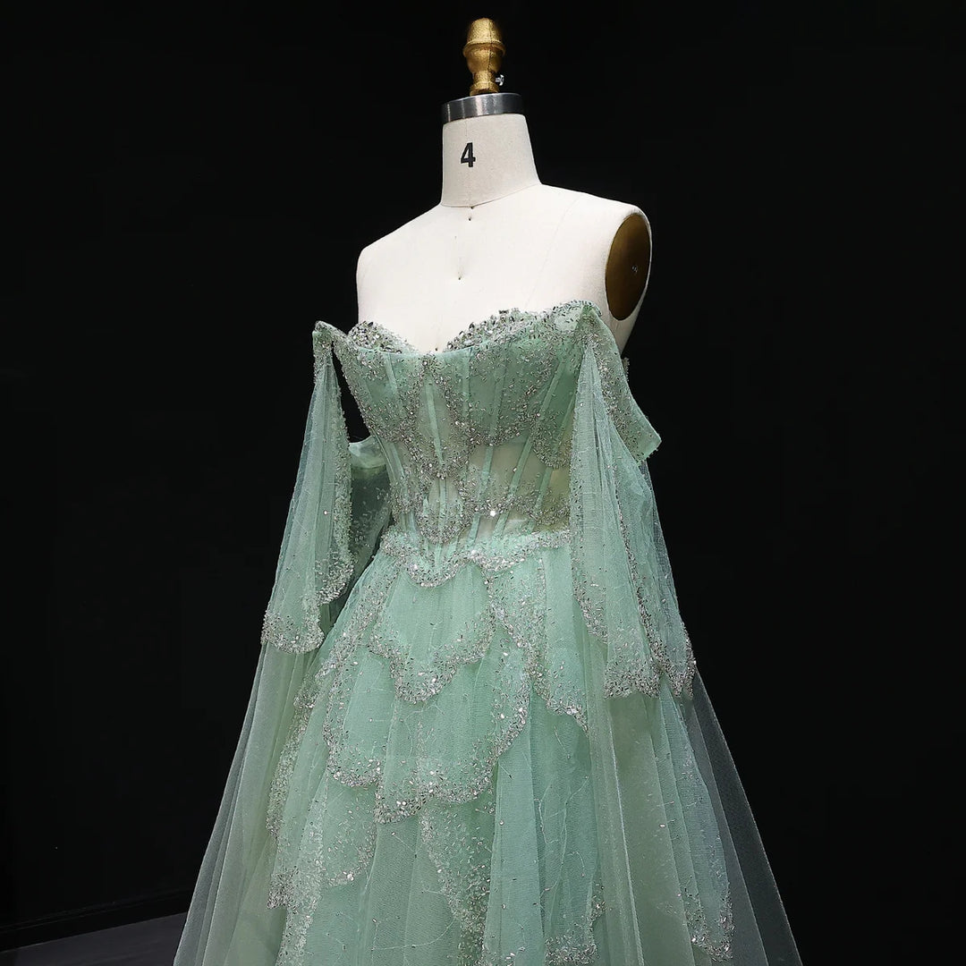 Elegant Off Shoulder Sage Green Evening Dress with Cape Sleeves SS215 White / 14 Elegant Off Shoulder Sage Green Evening Dress with Cape Sleeves SS215 White / 14