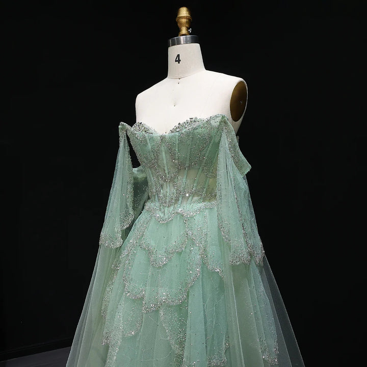 Elegant Off Shoulder Sage Green Evening Dress with Cape Sleeves SS215