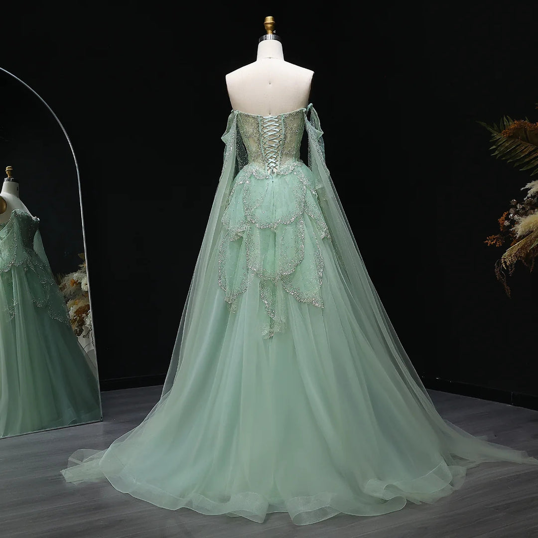 Elegant Off Shoulder Sage Green Evening Dress with Cape Sleeves SS215 White / 14 Elegant Off Shoulder Sage Green Evening Dress with Cape Sleeves SS215 White / 14