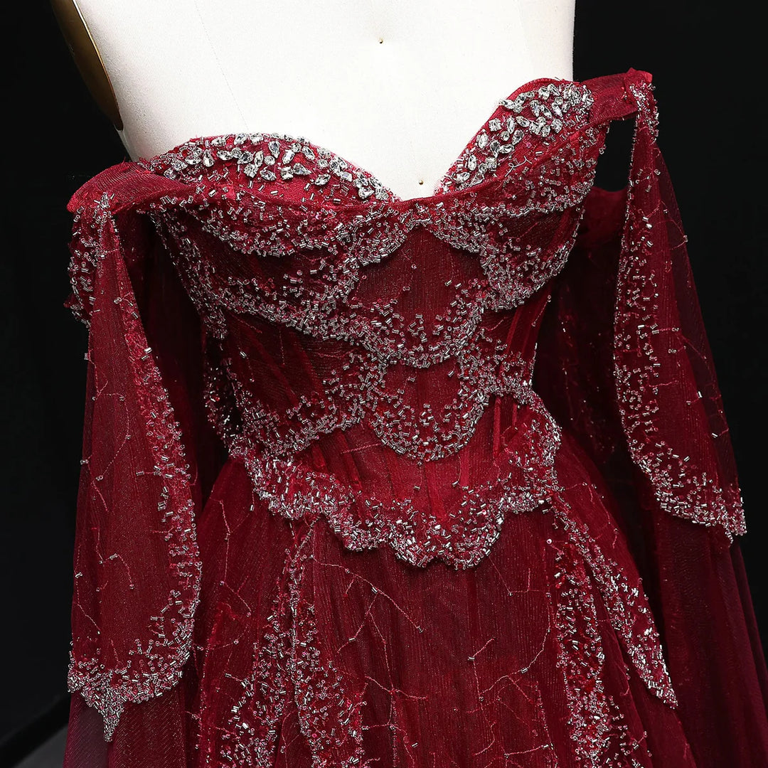 Elegant Off Shoulder Sage Green Evening Dress with Cape Sleeves SS215-DreamyVow