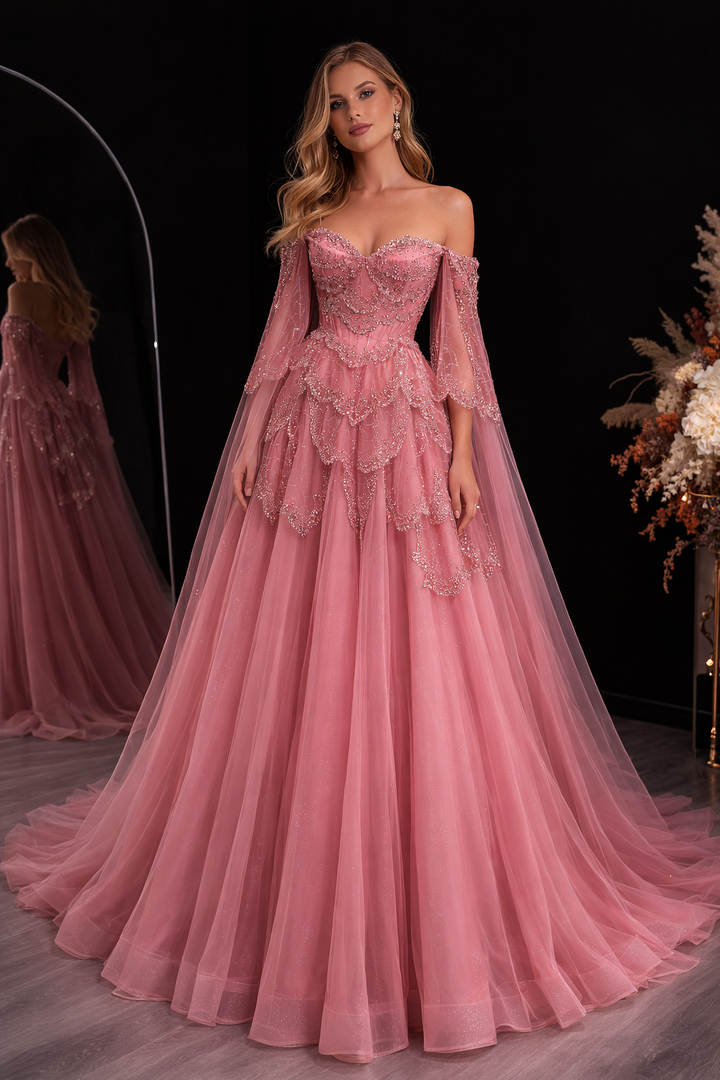 Elegant Off Shoulder Sage Green Evening Dress with Cape Sleeves SS215-DreamyVow