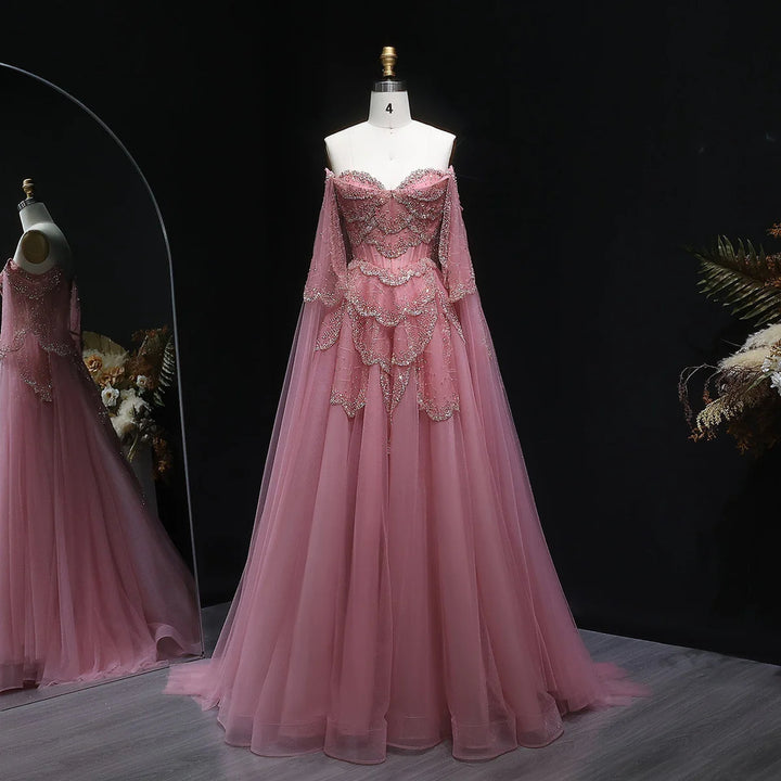 Elegant Off Shoulder Sage Green Evening Dress with Cape Sleeves SS215-DreamyVow