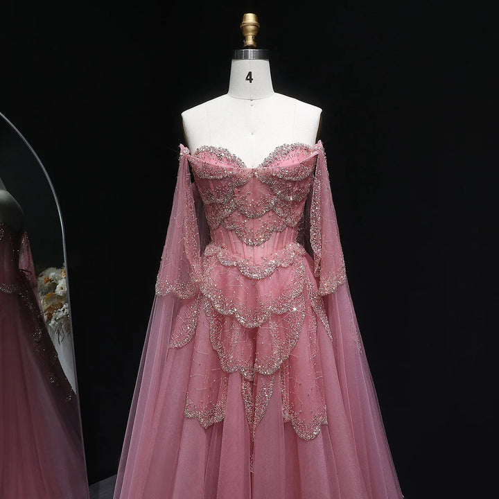 Elegant Off Shoulder Sage Green Evening Dress with Cape Sleeves SS215-DreamyVow
