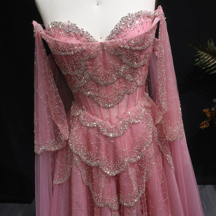 Elegant Off Shoulder Sage Green Evening Dress with Cape Sleeves SS215-DreamyVow