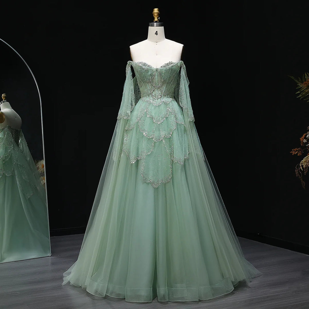 Elegant Off Shoulder Sage Green Evening Dress with Cape Sleeves SS215
