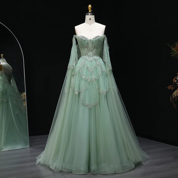 Elegant Off Shoulder Sage Green Evening Dress with Cape Sleeves SS215