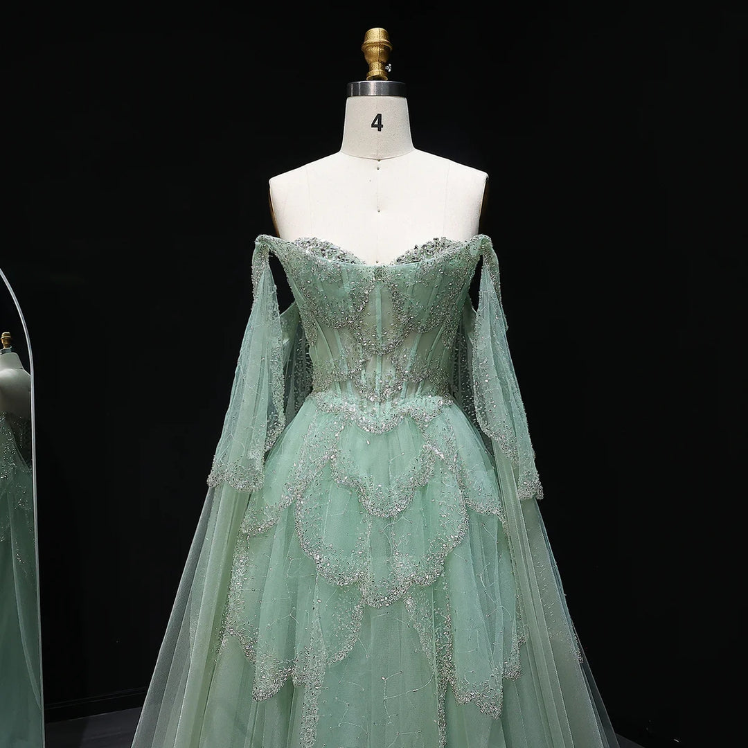 Elegant Off Shoulder Sage Green Evening Dress with Cape Sleeves SS215