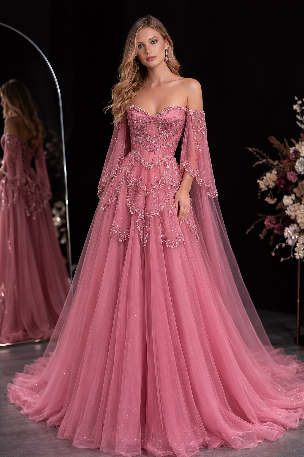 Elegant Off Shoulder Sage Green Evening Dress with Cape Sleeves SS215