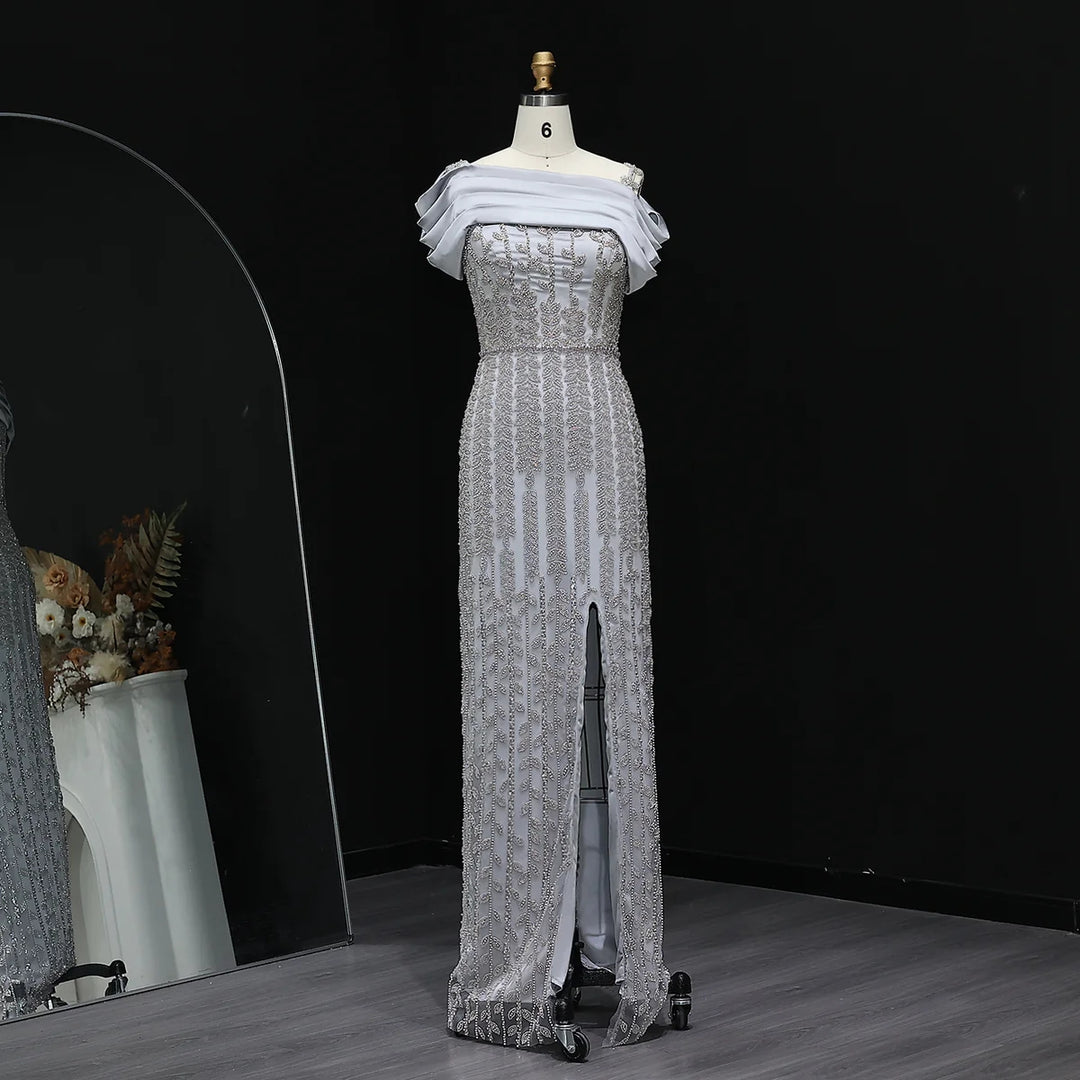 Elegant Off Shoulder Silver Evening Dress with Slit SS713 DreamyVow Elegant Off Shoulder Silver Evening Dress with Slit SS713 DreamyVow