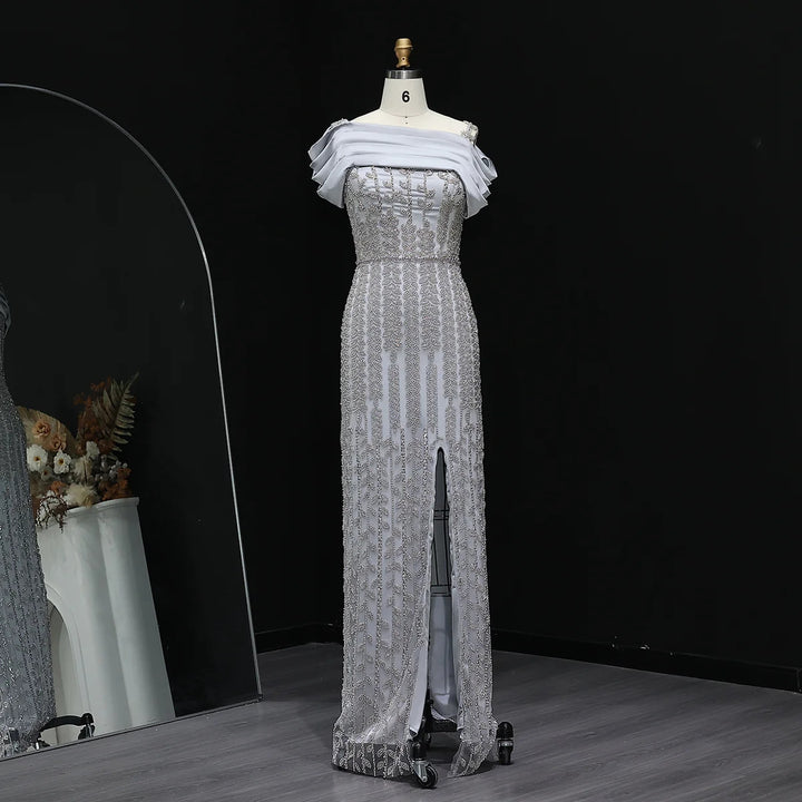 Elegant Off Shoulder Silver Evening Dress with Slit SS713