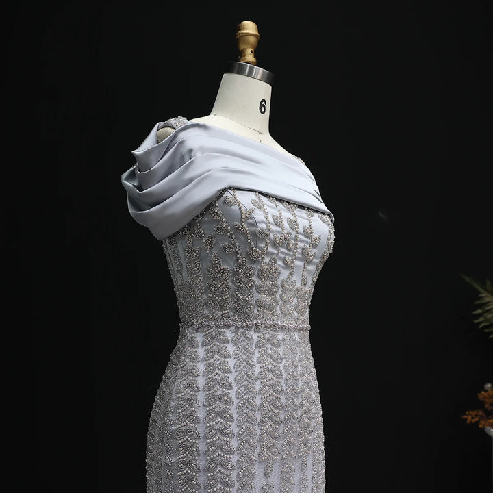 Elegant Off Shoulder Silver Evening Dress with Slit SS713