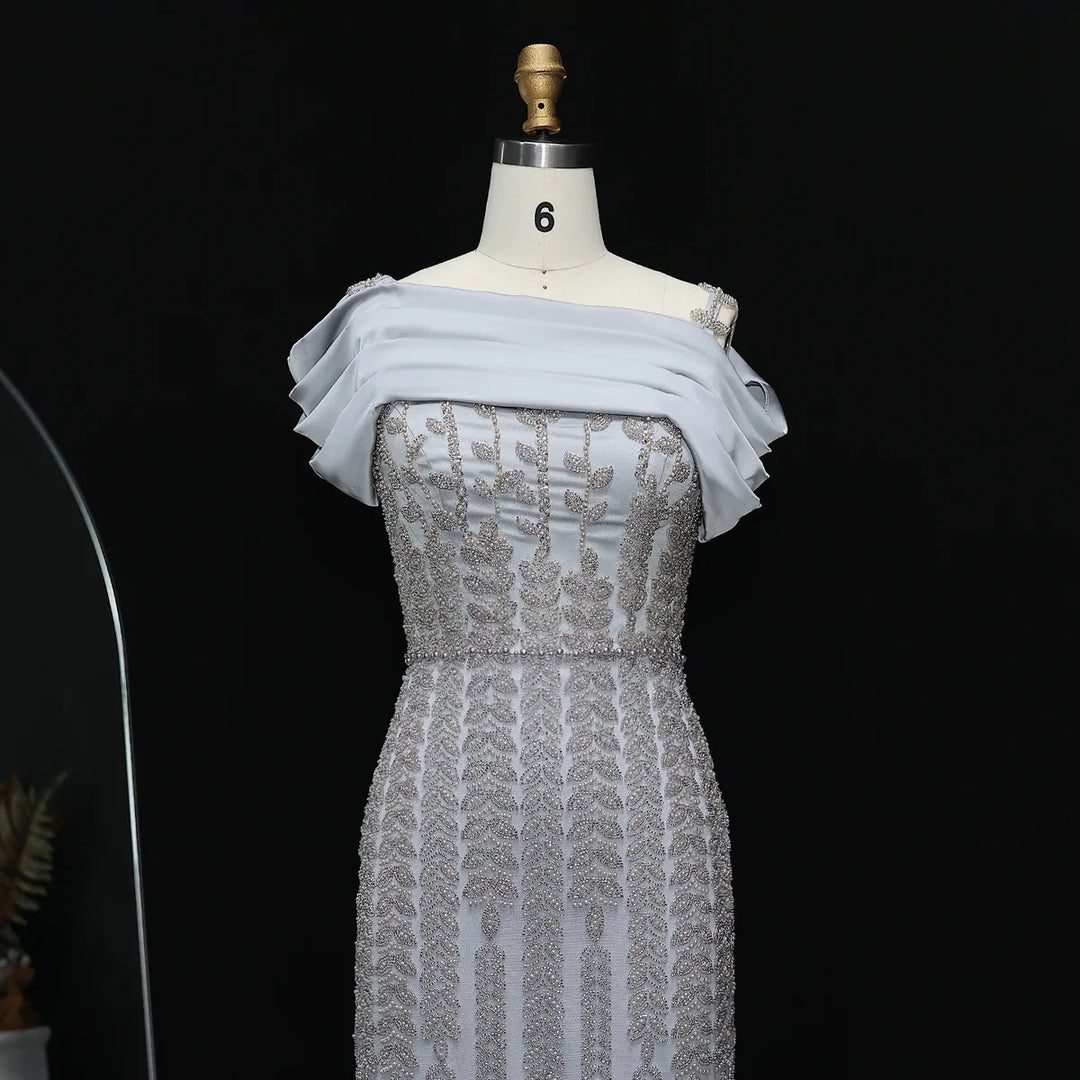 Elegant Off Shoulder Silver Evening Dress with Slit SS713