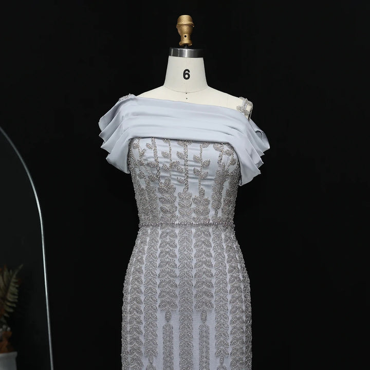 Elegant Off Shoulder Silver Evening Dress with Slit SS713