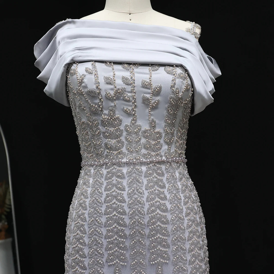 Elegant Off Shoulder Silver Evening Dress with Slit SS713