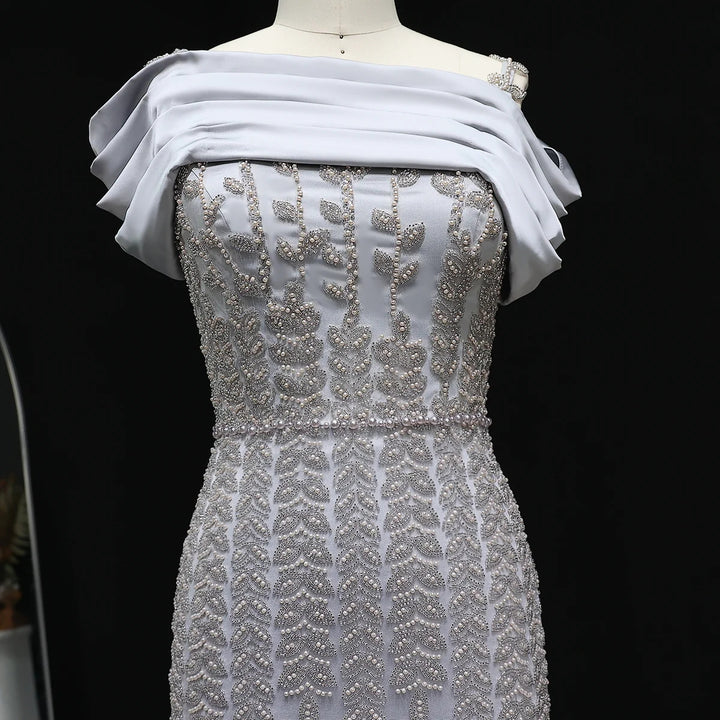 Elegant Off Shoulder Silver Evening Dress with Slit SS713