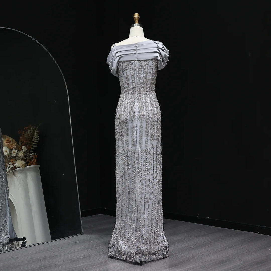 Elegant Off Shoulder Silver Evening Dress with Slit SS713