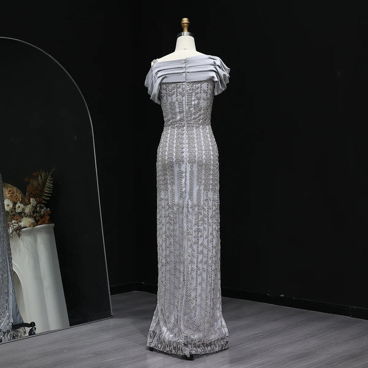 Elegant Off Shoulder Silver Evening Dress with Slit SS713