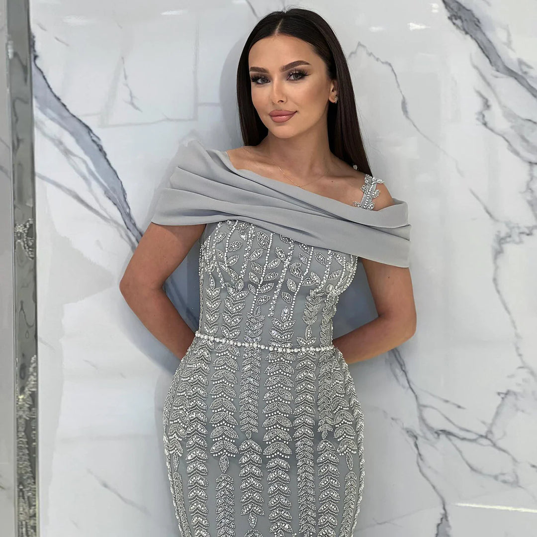 Elegant Off Shoulder Silver Evening Dress with Slit SS713