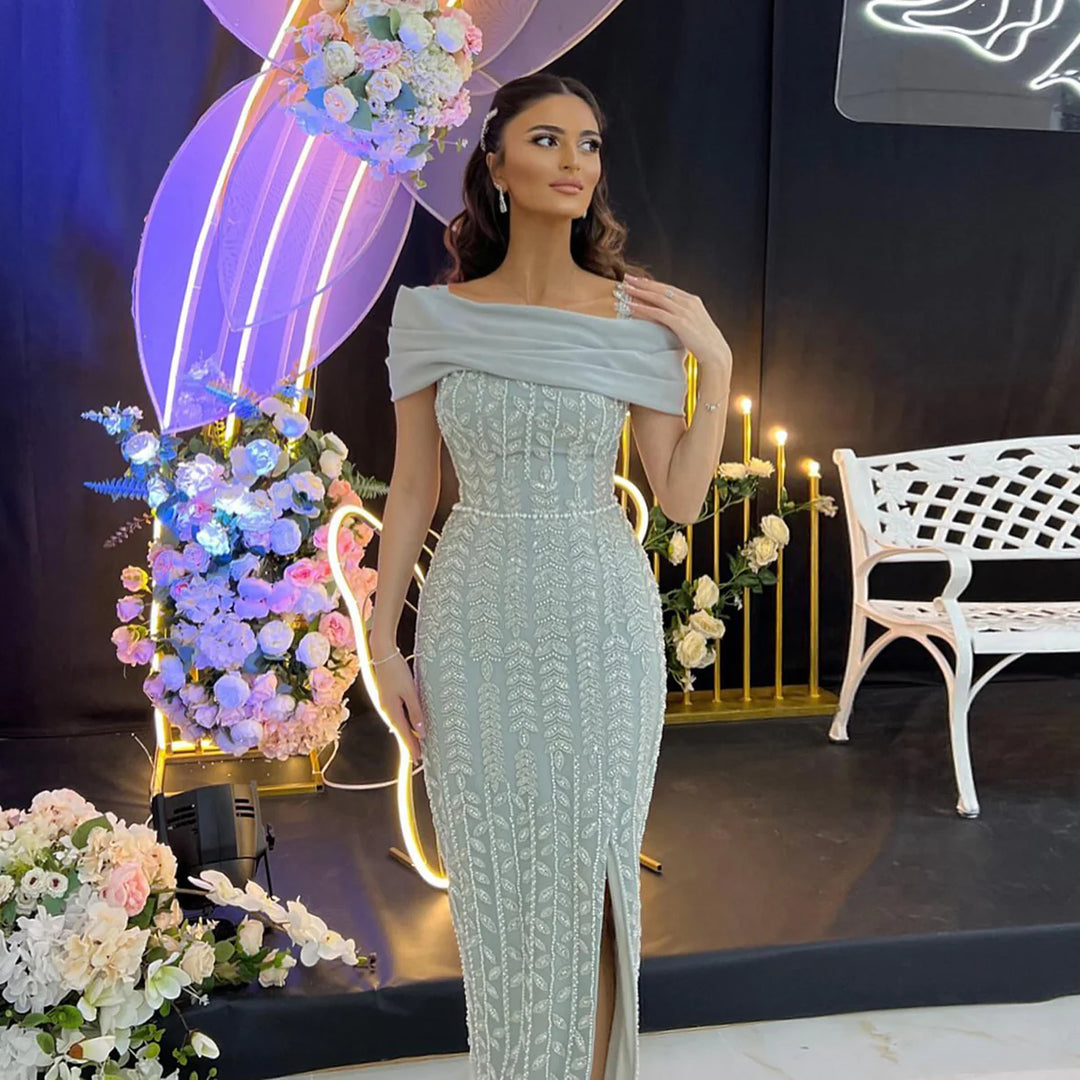 Elegant Off Shoulder Silver Evening Dress with Slit SS713